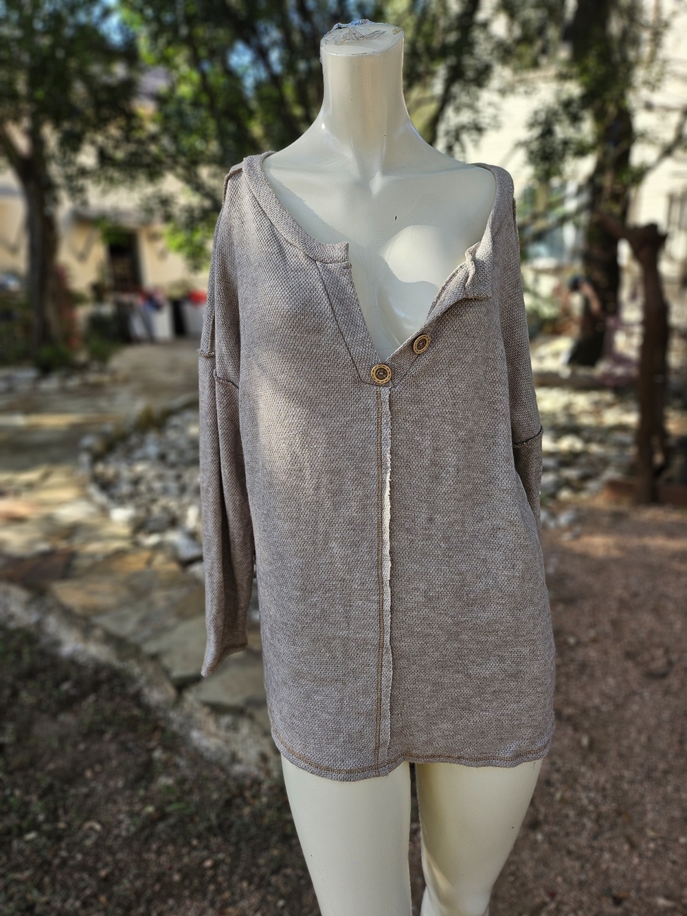 BiBi Off-the-Shoulder Button Front Sweater in Taupe Tan M